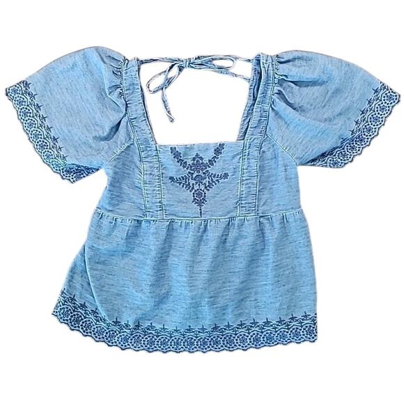 Boho Embroidered Chambray Denim Tunic Top Women’s S 100% Cotton Peasant Blouse - Picture 2 of 7
